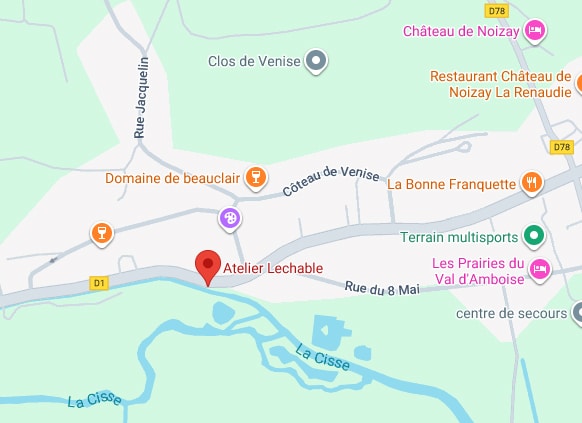 Atelier Lechatable: Localisation détaillée, carte Noizay D1 Carte routière de l'Atelier Lechatable (pin rouge), D1 et La Cisse. Indique Château de Noizay, Domaine Beauclair, Côteau de Venise, La Bonne Franquette.