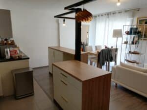 Espace de vie ouvert moderne. Cuisine avec paquet 'SMART GRANOLA', îlot de rangement bois/beige, salle à manger, salon canapé, luminaire design.